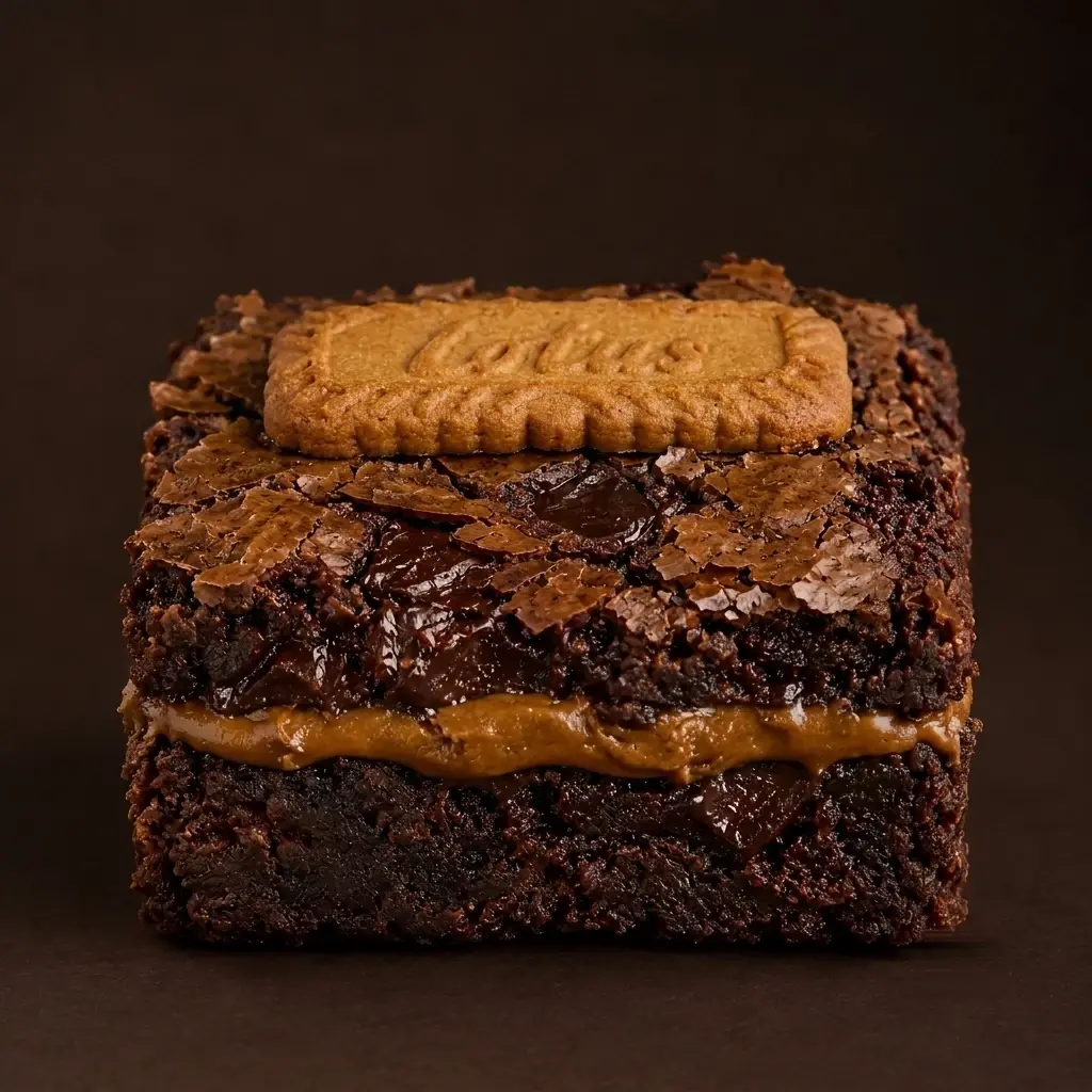 The Biscoff Reverie brownie topped with a Lotus Biscoff biscuit over a caramelised Biscoff layer