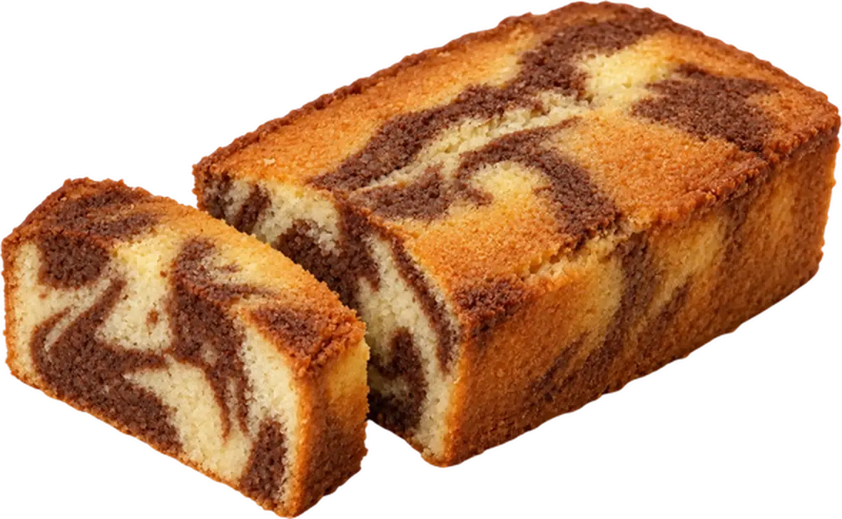 Sliced marble tea cake loaf with chocolate and vanilla swirls